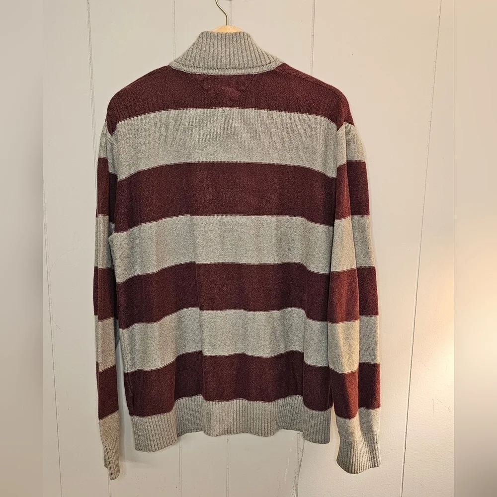 TOMMY HILFIGER Mens Gray/Burgundy Stand Collar Zip-Up Sweater, XL